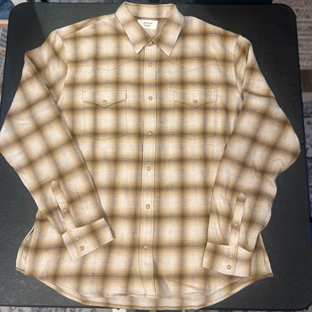 Austin Post Daybreak Plaid Western Shirt Japanese Wool Blend Yellow Approx L